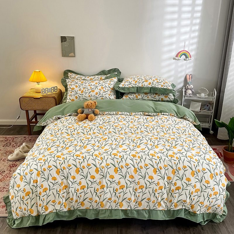 新款韩版全棉小碎花四件套荷叶边被套床单纯棉床上用品厂家批发|ms