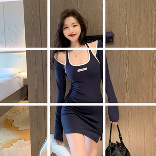 法式挂脖方领气质连衣裙春秋女纯欲风长袖包臀短裙8479长袖深蓝裙