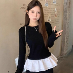 跨境撞色拼接假两件花边长袖t恤女秋设计感修身圆领打底上衣女T潮