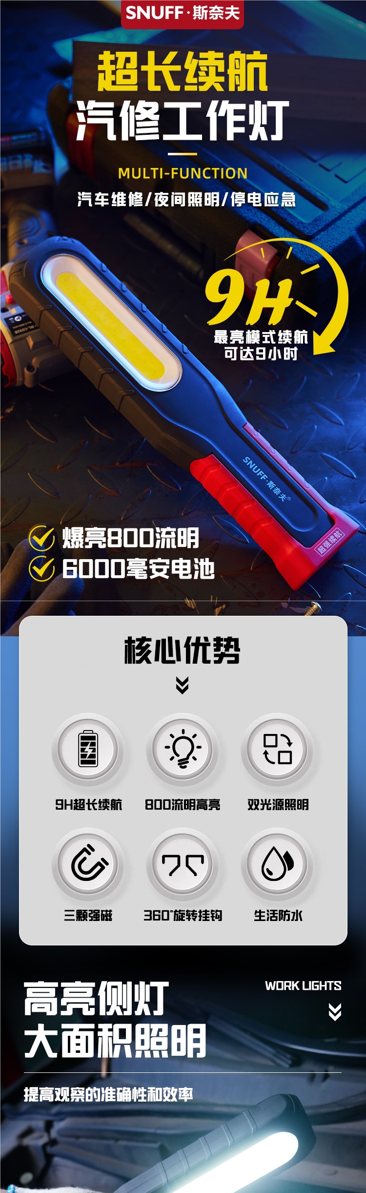 Snive Work Light Rechargeable Inspection Super Long-Lasting Cob Multi-Functional Auto Repair Strong Light Magnetic Led Repair Light
