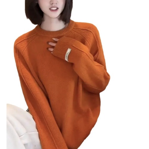 Korean version autumn and winter new round neck label design loose college style women's turtleneck sweater women's crew neck knit top