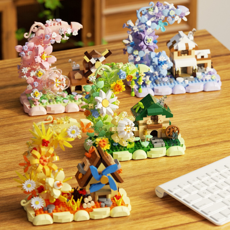 New cross-border wholesale U-Qu Four Seasons Forest Tree House Moon Flower Wooden House Series educational assembly micro-particle building blocks
