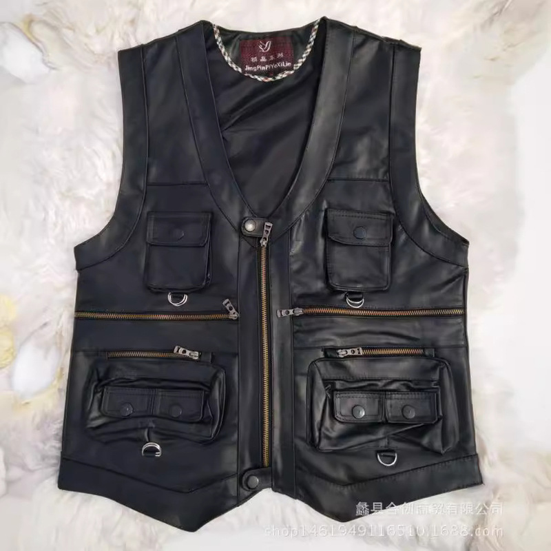 Spring and Autumn Genuine Leather Vest Men's Sheepskin Horse Clip Top Layer Leather Vest for Middle-aged and Elderly Outdoor Fishing Multi-pocket Single Waistcoat Spring and Autumn Genuine Leather Vest Men's Sheepskin Horse Clip Top Layer Leather Vest for Middle-aged and Elderly Outdoor Fishing Multi-pocket Single Waistcoat