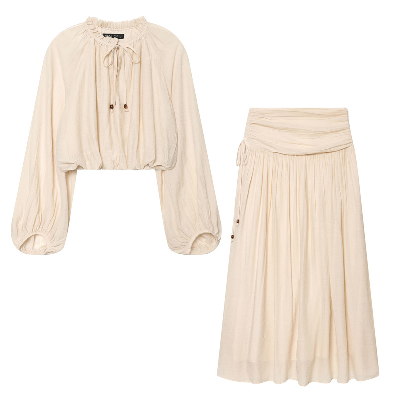 Amazon Wholesale Summer New Style Ruffled Oversized Top and Pleated Crepe Skirt Set for Women 1334190