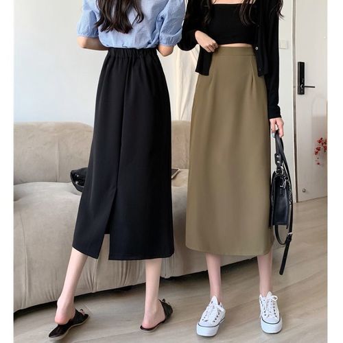 2024 Summer Plus Size Heavyset Women's Black High-Waisted Medium-Length Slit A-Line Skirt Bodycon Skirt