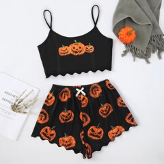欧米风ハロウィンかぼちゃプリントノースリーブストラップトップショーツホームウェアパジャマレディーススーツpajamas