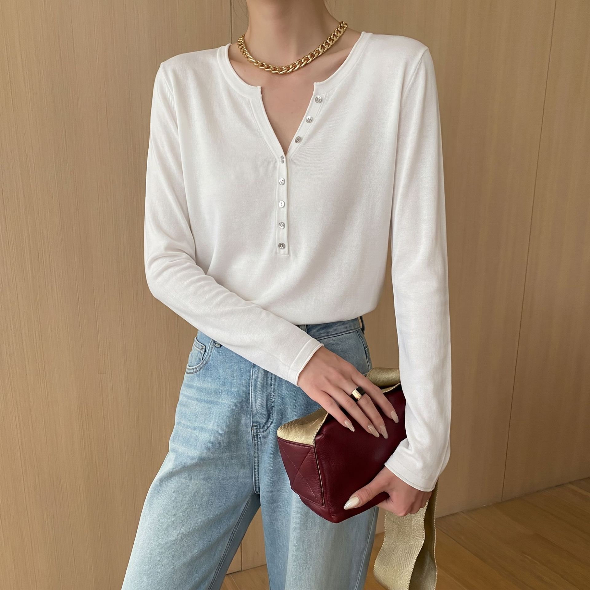 Early autumn new half-open Henry collar sheep wool mulberry silk…
