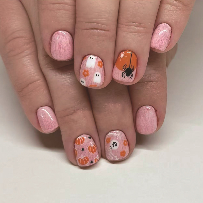 Halloween pink textured ghost spider skull pumpkin graffiti design short square press-on nails Halloween pink textured ghost spider skull pumpkin graffiti design short square press-on nails
