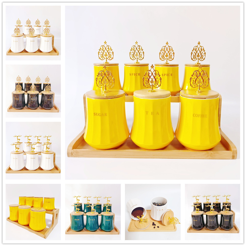 Exportación transfronteriza de latas cerámicas selladas, latas de té, latas de café, latas de almacenamiento de cocina, marcos de madera de doble capa, latas de condimento irregulares