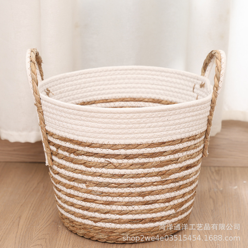 Spot cestas de almacenamiento de ropa sucia de doble oreja tejida de paja nórdica, macetas de plantas verdes, cestas decorativas, canastas de almacenamiento de artículos diversos para bocadillos de sala de estar