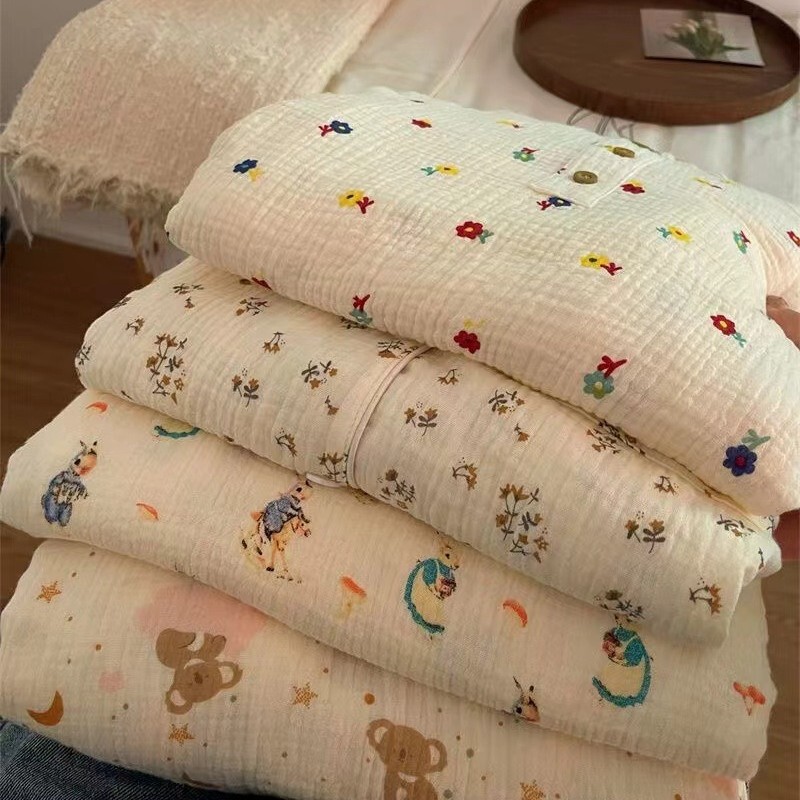 Class a Cotton Double-Layer Yarn Crepe Pure Cotton Pajamas for Women Spring & Fall Soft and Breathable Cute Home Wear Set Can Be Worn Outside