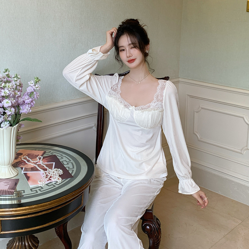 法式新款秋冬高级感带胸垫睡衣甜美丝绒家居服套装可外穿女士|undefined