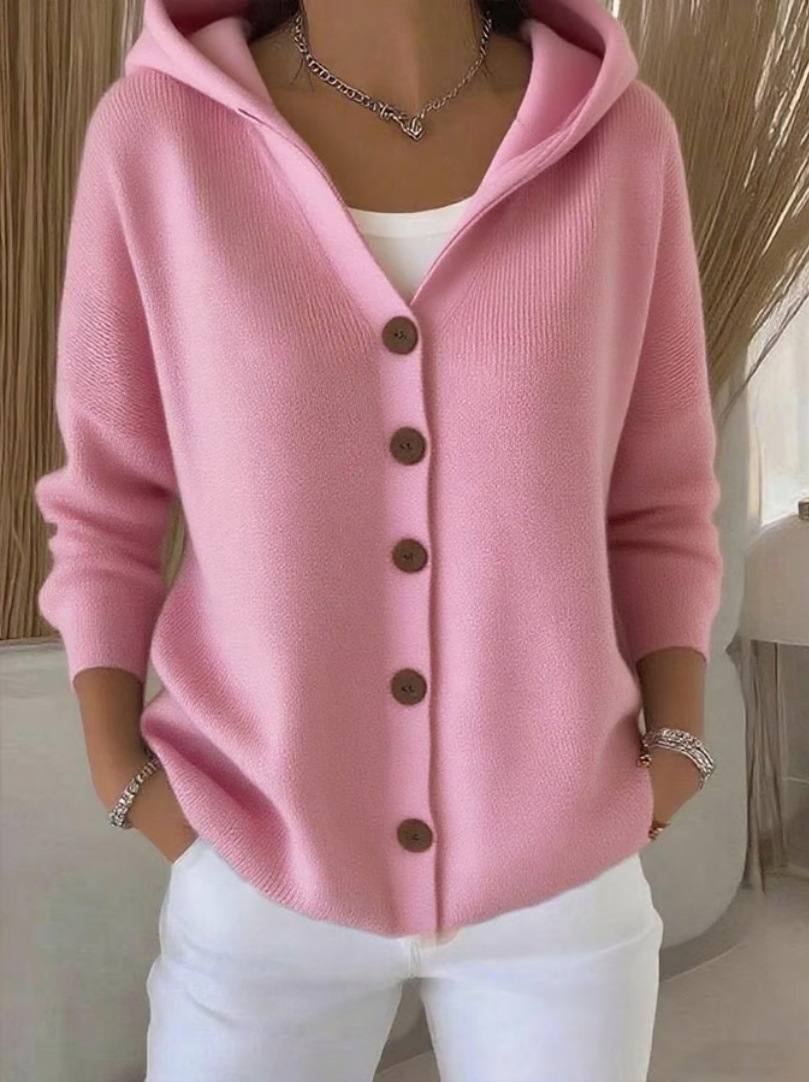 2025 Europa y los Estados Unidos botones de punto con capuchón suéter cardigan nuevo otoño y invierno transfronterizo de color sólido casual moda de mujer
