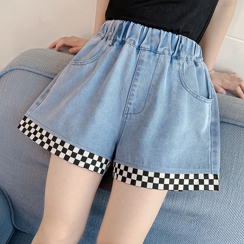 Girls denim shorts summer thin section medium and large children baby little girl embroidered hot pants outer wear children's pants wholesale