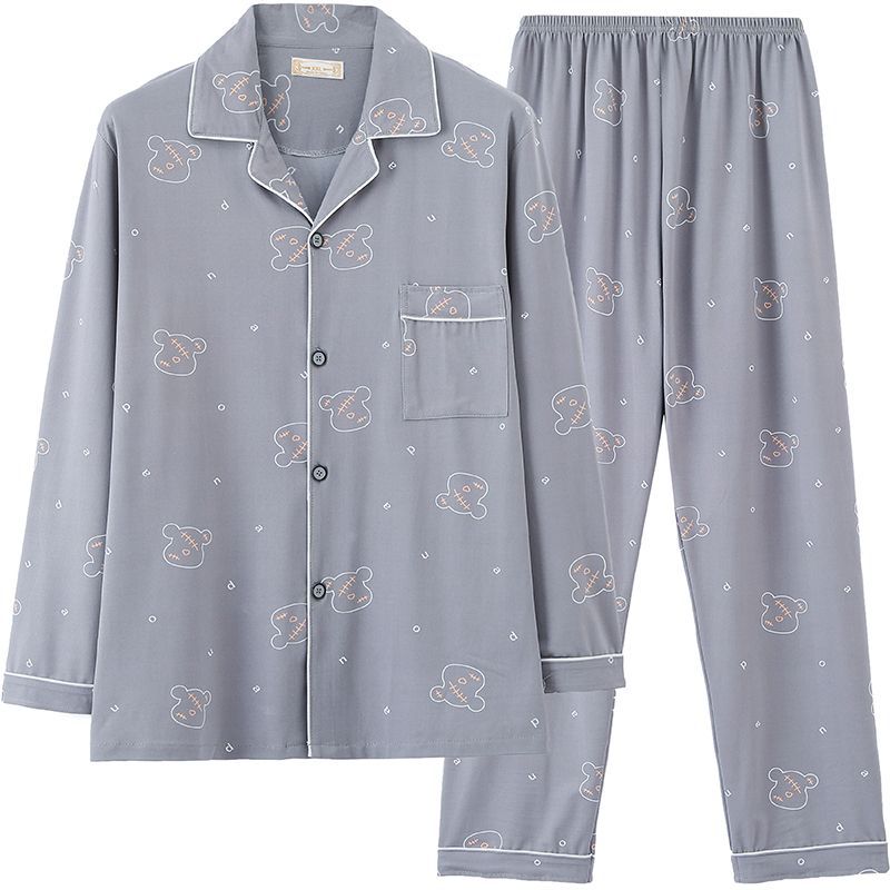 Pijamas pantalones de manga larga para hombre primavera y otoño verano más tamaño % Algodón puro verde de mediana edad cardigan homewear traje de dos piezas