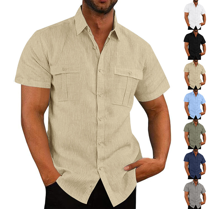 Summer Men's Linen Shirt Casual Loose Collar Short Sleeve Solid Color Pocket T-Shirt_viptrois.com