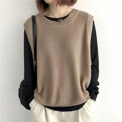女性用ニットベスト、春と秋の新しいレトロなラウンドネック、ゆったりと多用途、無地のアウターウェア、ファッショナブルなプルオーバーセーターベスト、トレンディ