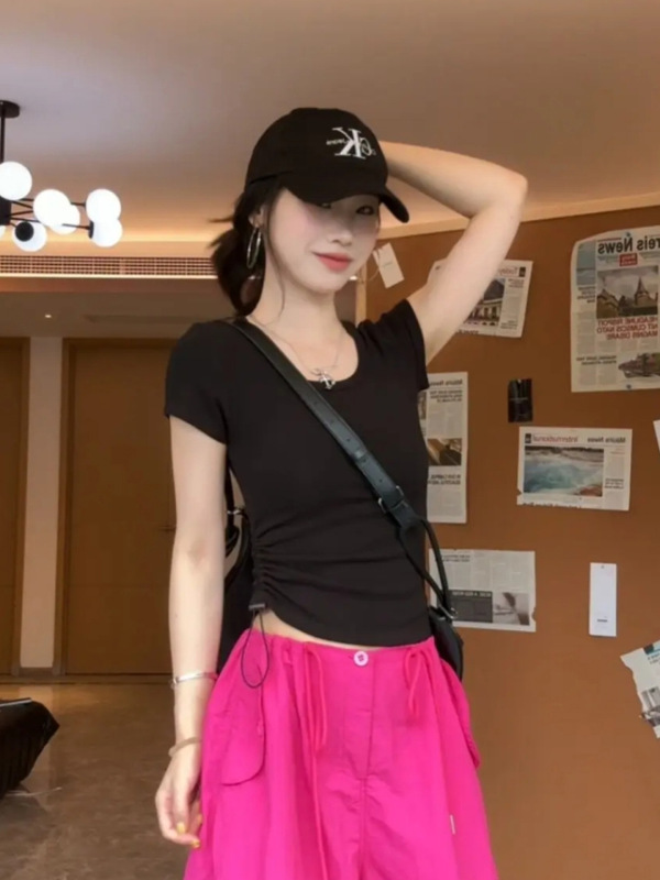 高密棉纯欲辣妹U领短袖T恤女夏季2025新款侧抽绳设计感高弹上衣|undefined