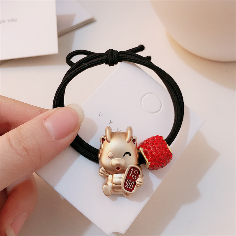 Año del Dragón Zodiaco de alta sensación metal rojo Año Nuevo anillo de cabello de alta altura cuerda elástica cuerda de cabello festiva adornos para el cabello