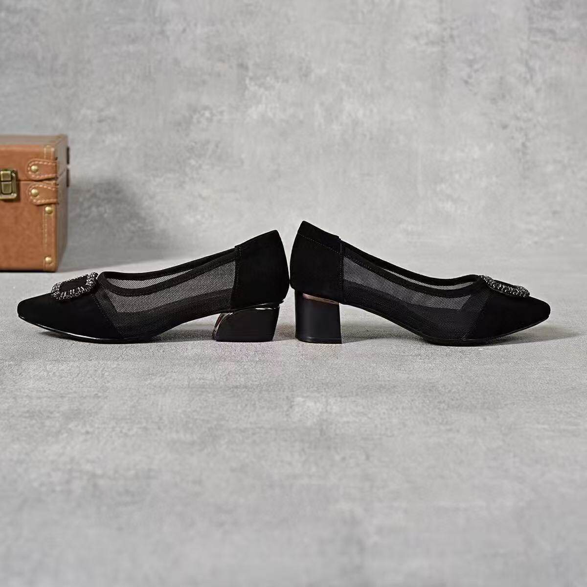Sandal nữ mũi nhọn chất da, gót thô 3 cm, đế mềm thoáng khí — Đen 3cm chi tiết 8