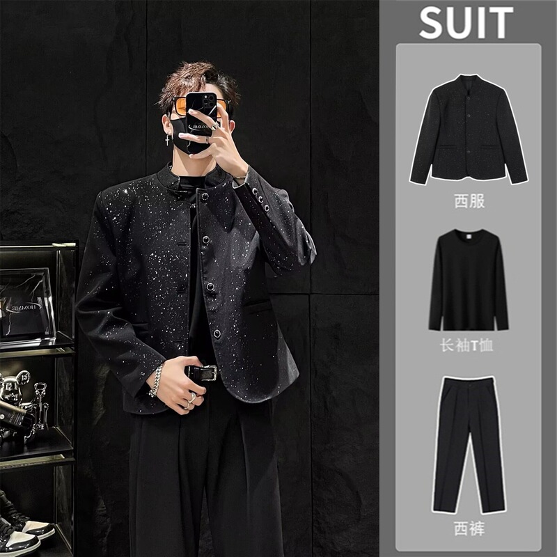 New Chinese-Style Men's Black Sequin Blazer, Cool and Stylish Loose-Fitting Stand-Collar Zhongshan Suit Set for Men New Chinese-Style Men's Black Sequin Blazer, Cool and Stylish Loose-Fitting Stand-Collar Zhongshan Suit Set for Men