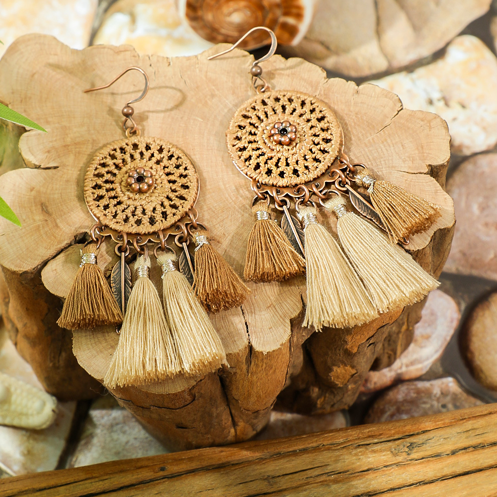 Bohemia Dream Catcher borla pendientes collar de madera estilo étnico largo borla colgante accesorios suéter cadena