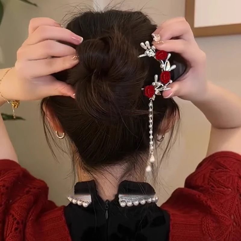 赤いU字型ヘアピン、高級ブライダルチャイニーズタッセル、古代風ヘアピン、後頭部漢服、女性用新年ヘアピン|undefined