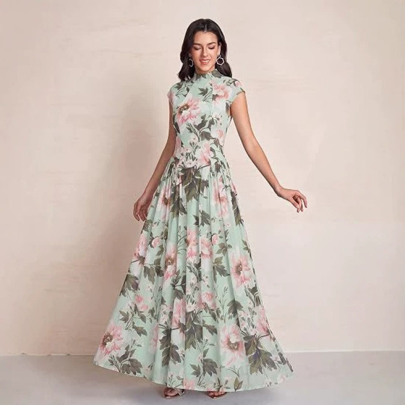 Cross-border Amazon spicy girl style 2026 summer new high-end elegant versatile casual floral maxi dress