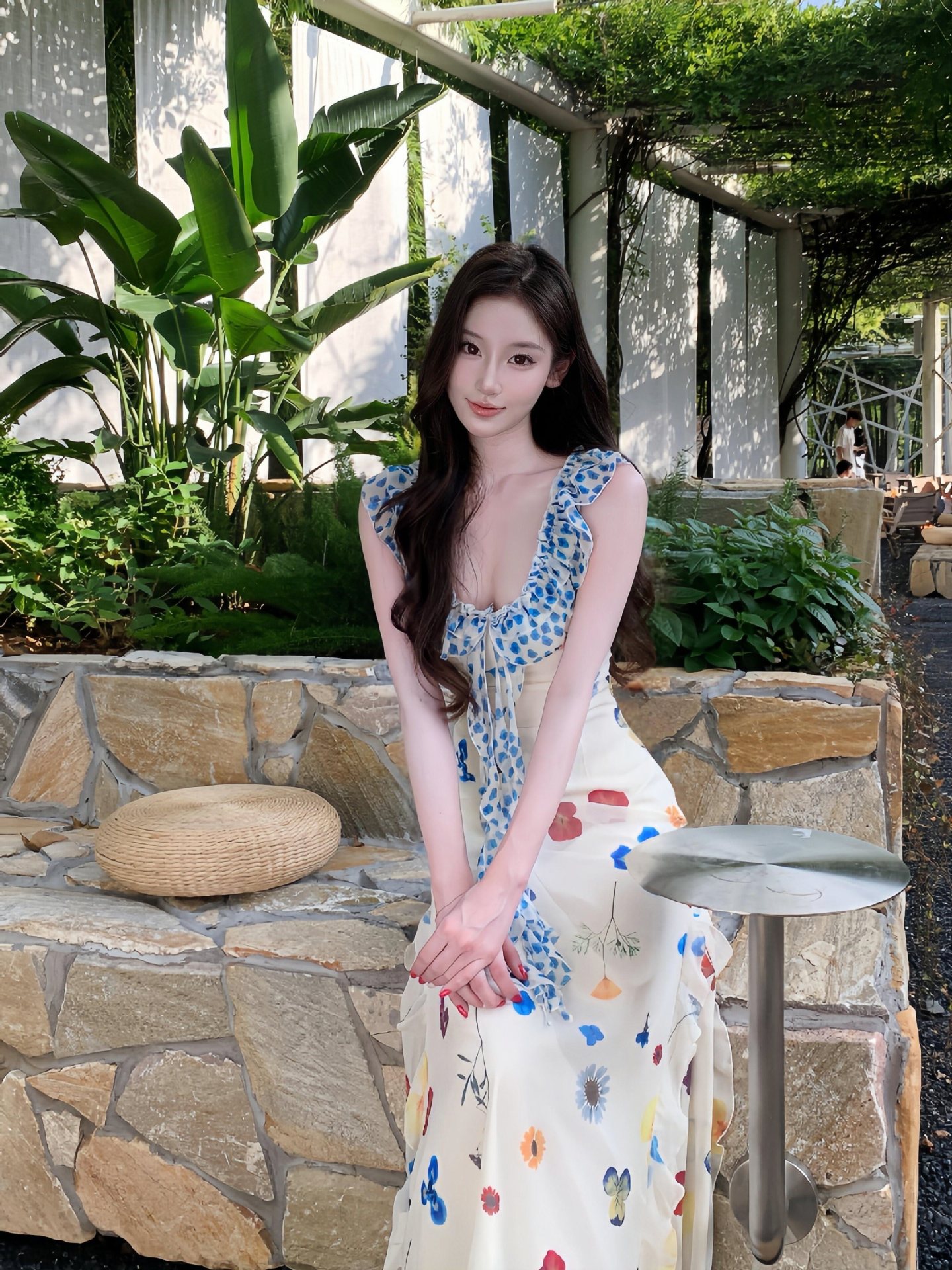 Blue Floral Ruffle Dress, New Summer Style Dopamine Pure Desire Holiday Hip-Hugging Long Dress