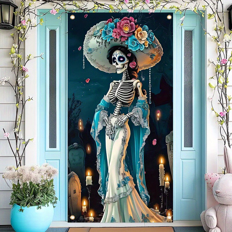 Yiwu Jit Warehouse Delivery 2D Skeleton Girl Door Curtain Background Cloth Temu Hot Item Shein Amazon Etsy Amazon