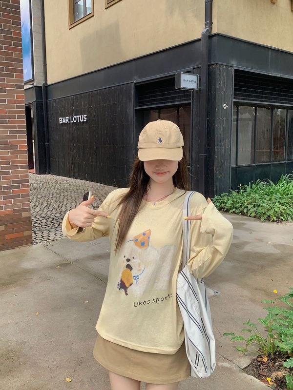 新款奶黄色蛋糕小狗松弛感长袖上衣女韩系宽松防晒百搭圆领T恤秋|undefined