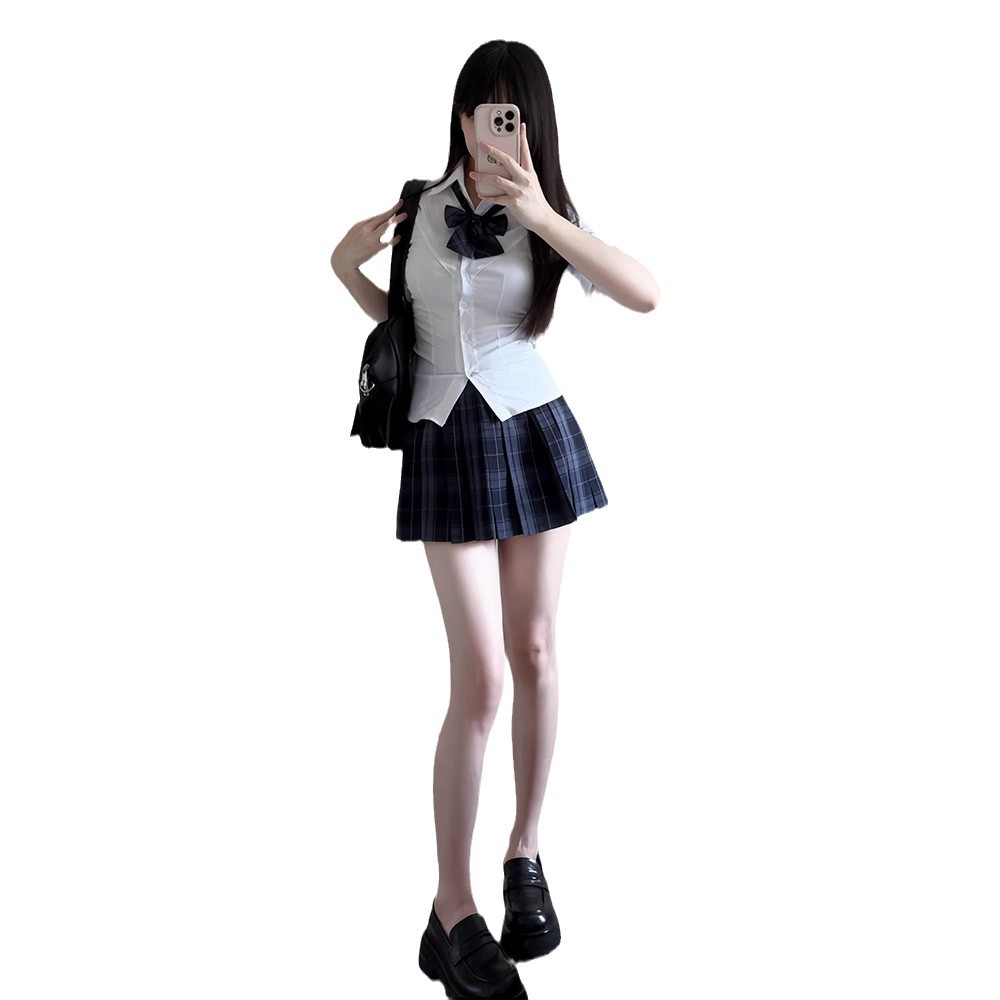 가시 토끼 원래 JK [후이] 격자 스커트 높은 허리 개 짧은 격자 스커트 탄성 허리 셔츠 세트 여성