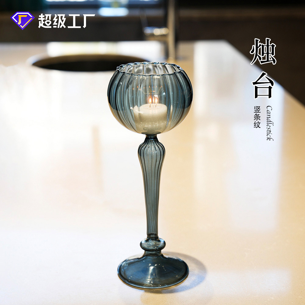 Candelabro de Vidrio de Pie Alto en Borosilicato con Rayas Grises para Bodas y Mesa