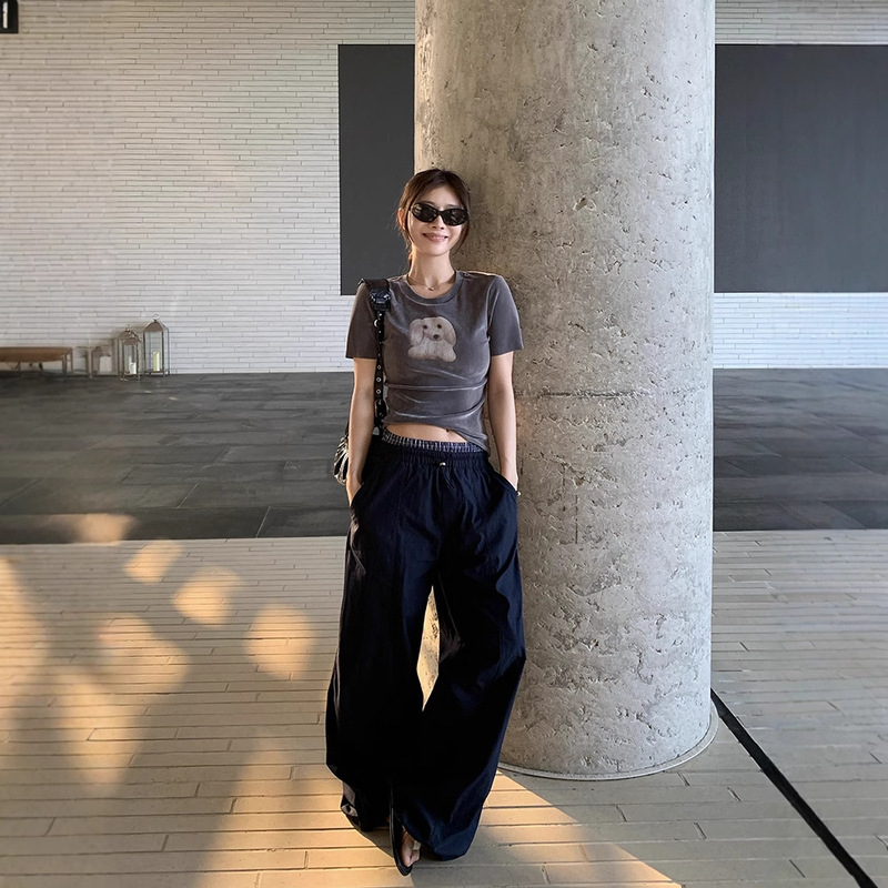 Baishi Wang Color Contrast Double Waist High Waist Casual Pants Women's Summer Loose Slimming Foot Drawstring Wide Leg Long Pants Baishi Wang Color Contrast Double Waist High Waist Casual Pants Women's Summer Loose Slimming Foot Drawstring Wide Leg Long Pants