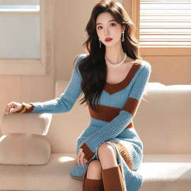 小香风超好看气质漂亮仙女针织连衣裙秋季新款配大衣加厚毛衣裙子