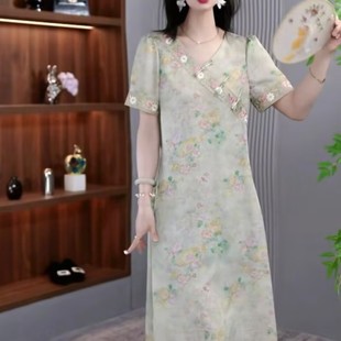 2025 New Dress Short-Sleeved Dress Fashionable New Printed Floral Large Size Belly-Covering Slimming Mid-Length Skirt