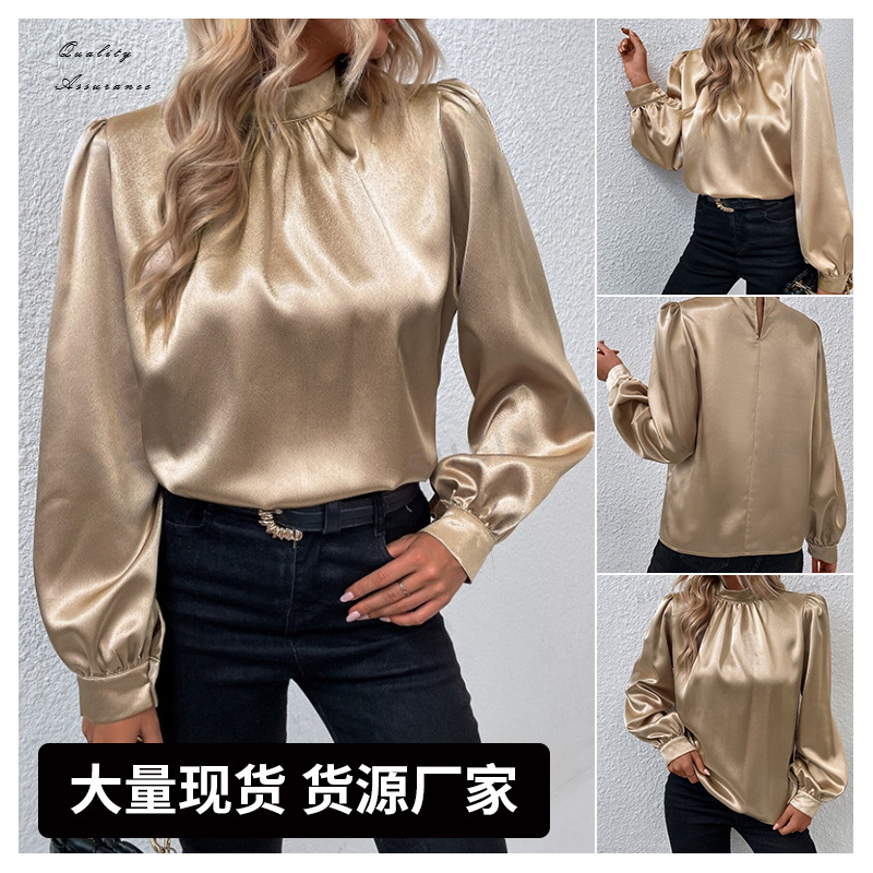 Camiseta de cuello alto con mangas de linterna para mujer satinado salvaje de manga larga Amazon transfronterizo Europa y América nueva personalidad ropa de mujer