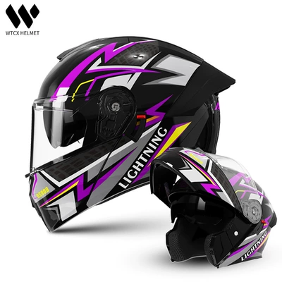 Motosiklet kaskı (dəbilqə) – Trade Motorcycle Helmet, Flip-Up Helmet - double-flash-black-and-purple-one-size-fits-all-54-61cm