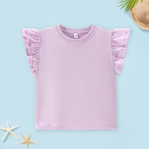 Women's Cross-Border Children's Short Sleeve T-Shirt with Pure Cotton, Solid Color, Versatile Children's Hem, Baby Floral Edge Top, Fashion