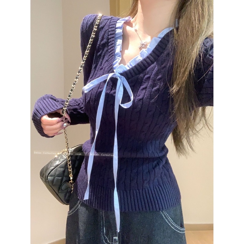 韩系麻花v领系带蕾丝打底衫女春秋纯欲风木耳边内搭毛衣针织上衣|undefined