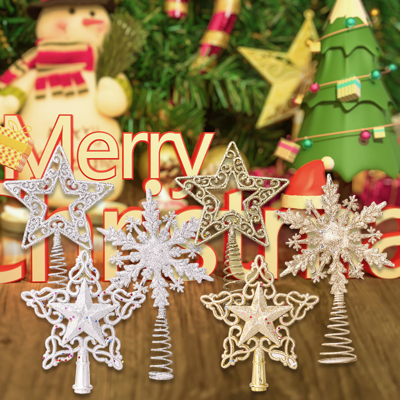 Cross-border new Christmas tree top star plastic hollow glitter powder decorated Christmas tree five-pointed star snowflake five-pointed star