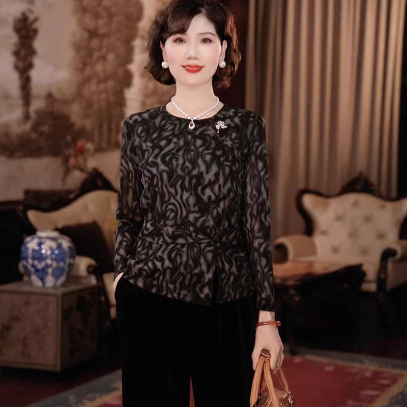 时尚洋气圆领印花捏褶显瘦妈妈装两件套气质小衫休闲宽松减龄套装|undefined
