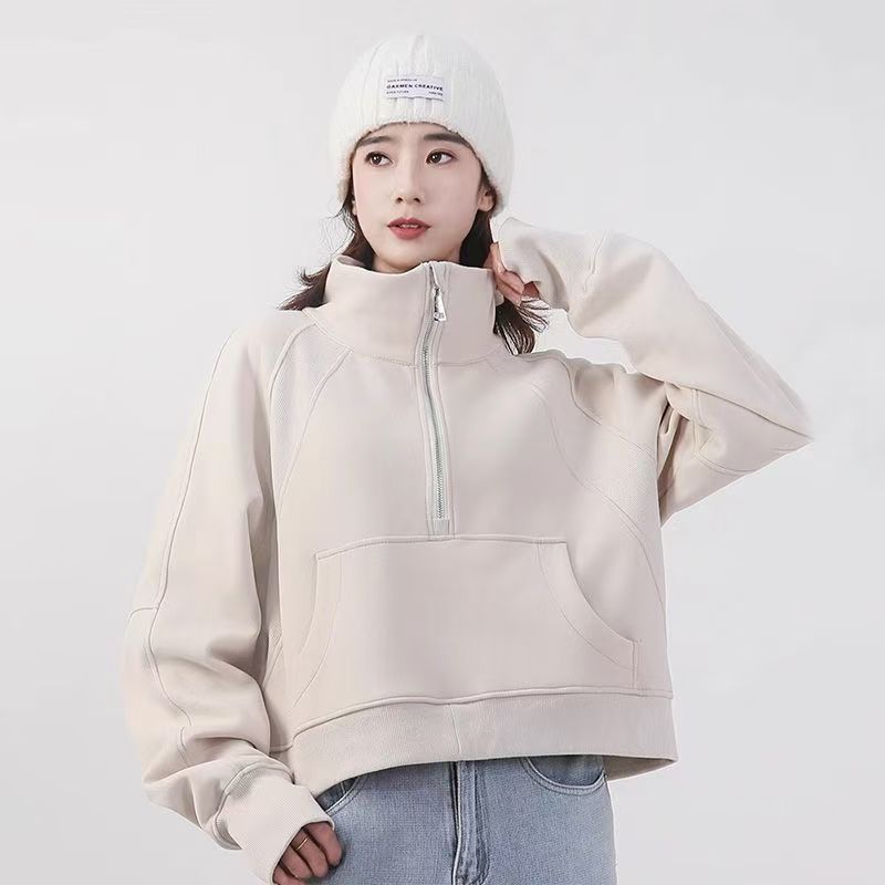 Otoño y invierno para espesar el estilo deportivo de mujer de cuello alto con semiacremallera suelta corta chaqueta de terciopelo de diseño de cuello vertical universal image 4