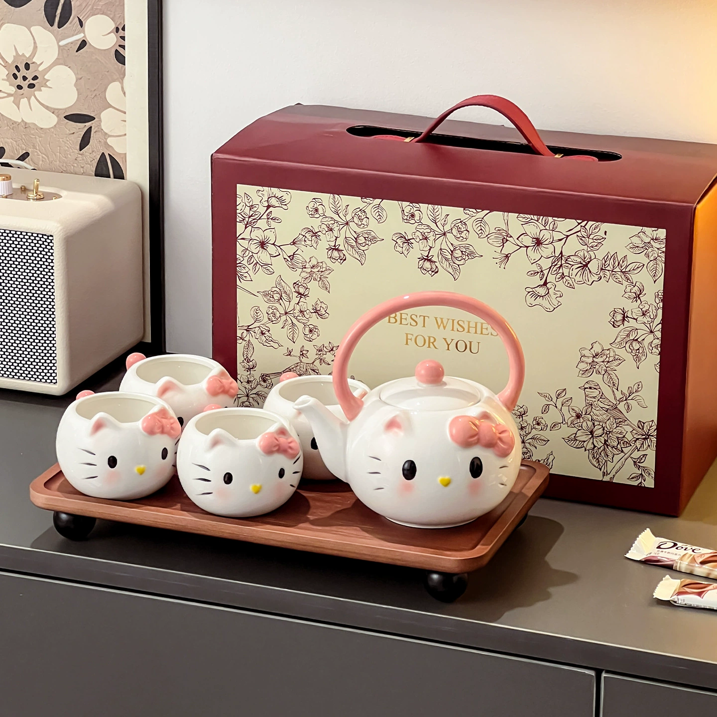 Hello Kitty, керамическая чайник, чайный набор, милая подарочная коробка, чайная чашка, котёнок, подарок на День рождения