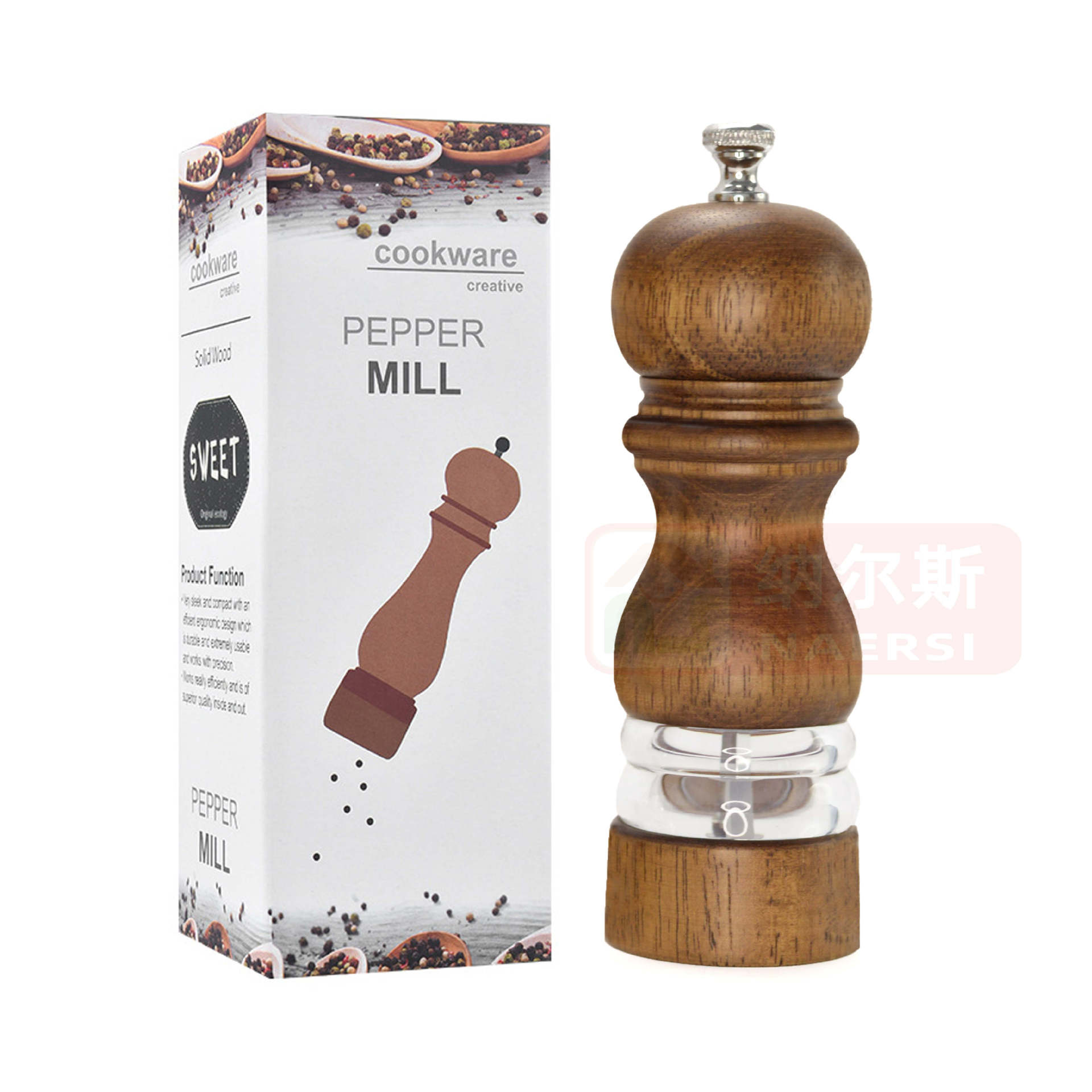  Molinillo manual de pimienta o sal, cuerpo acrílico y núcleo cerámico, diseño clásico de madera, utensilio de cocina