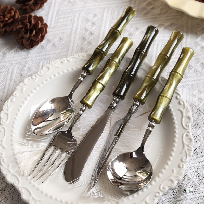Western-Style Cutlery Set: Steak Knife, Fork, and Spoon, High Aesthetic Value, Olive Green Bamboo Design, Designer Main Course Spoon
