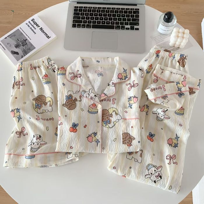 Pantalones cortos de tres piezas pantalones de manga corta verano nuevo estilo caliente dibujos animados casual lindo estilo cardigan pijamas mujeres nubes algodón