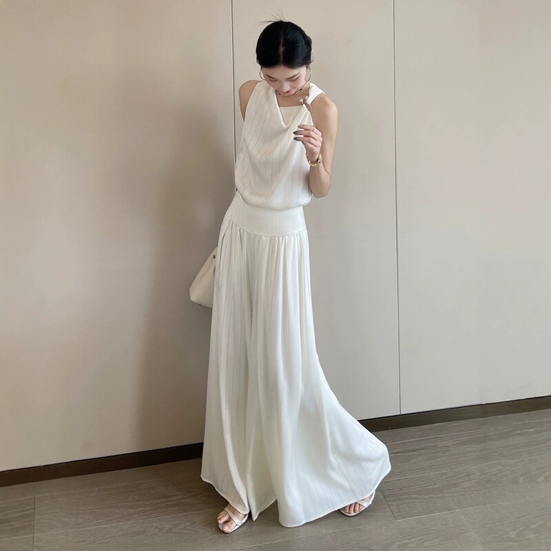 Pinkeen Apricot Fashion Suit for Women 2026 Summer Metal Buckle Halter Top and Floor-Length Wide-Leg Pants Two-Piece Set