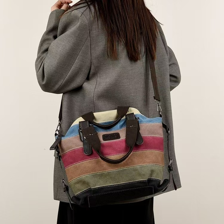 Cross-Border New Canvas Casual Retro Fashion Academic Style Large Capacity Women's Shoulder And Crossbody Contrast Patchwork Bag - Thumbnail 2