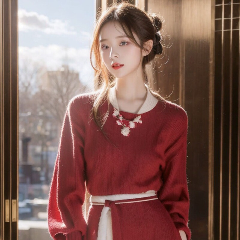 FL232312 Sweater Dress Women's Autumn and Winter Mid-length New Chinese Hanfu Improved Cheongsam Red Knitted dress FL232312 Sweater Dress Women's Autumn and Winter Mid-length New Chinese Hanfu Improved Cheongsam Red Knitted dress